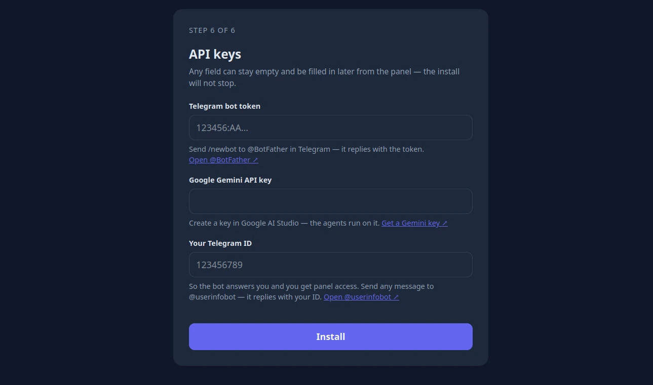 Шаг 6 из 6: токен Telegram-бота, ключ Gemini и Telegram ID